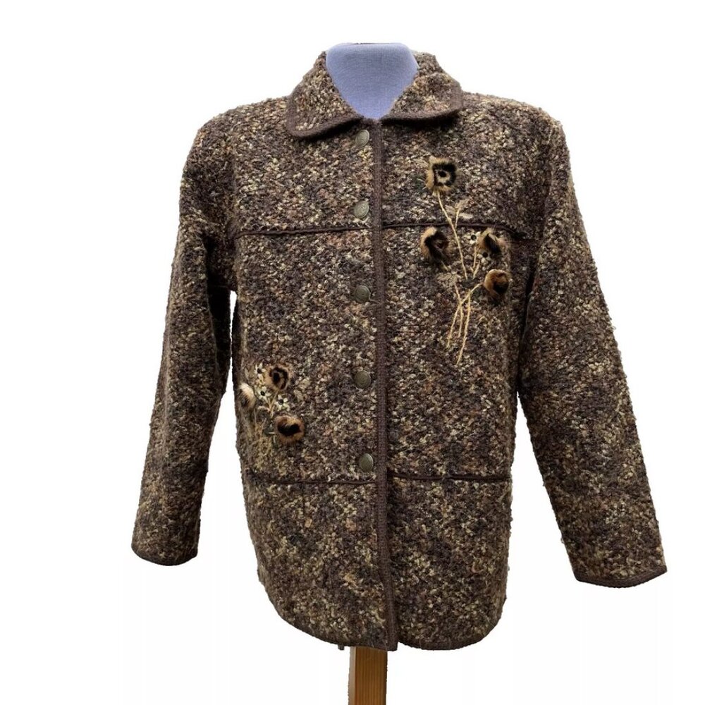 Moffi Chore Coat Vintage 90s Textured Brown Boucle Jacket Fur Applique